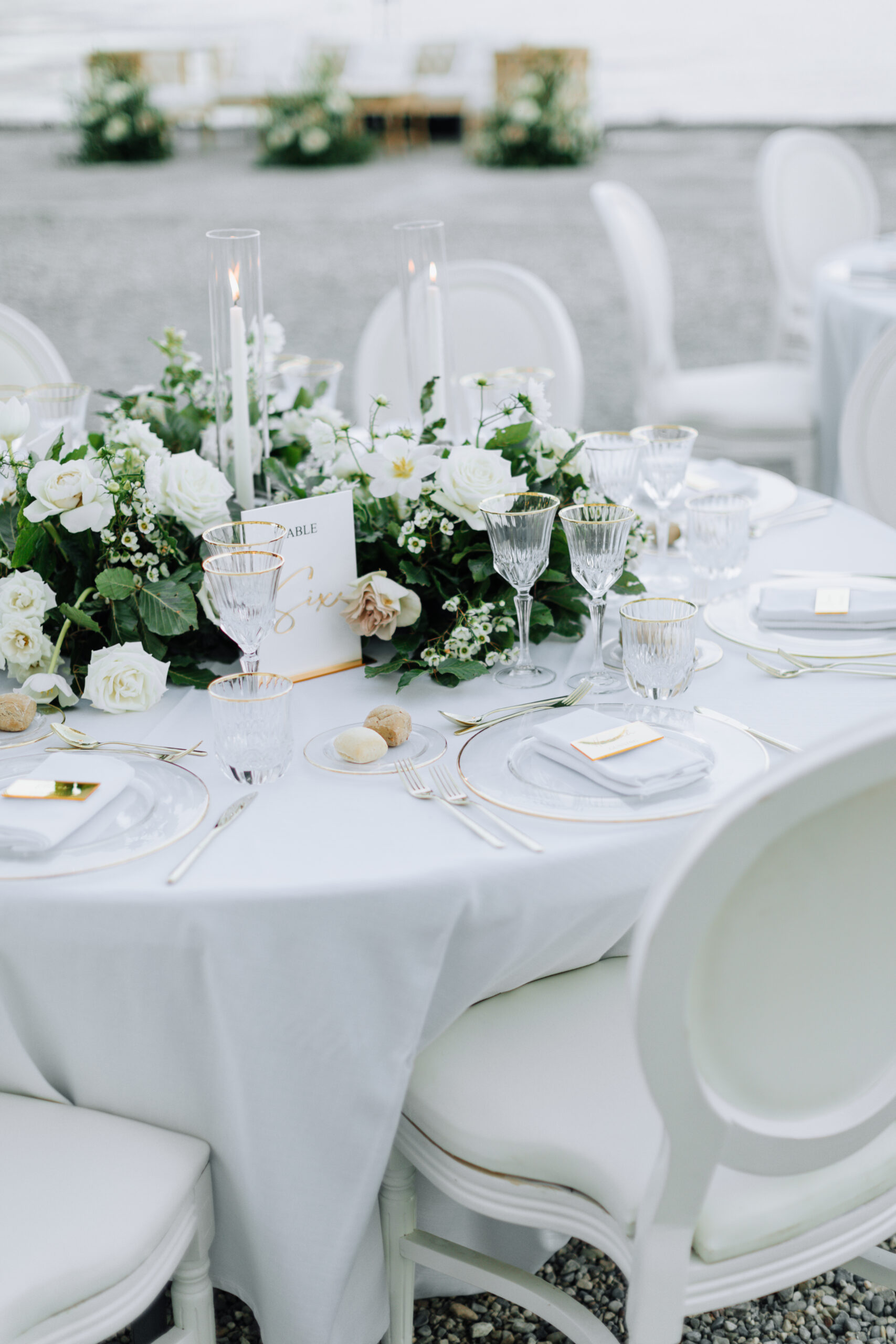 Festive tables decorated for wedding.
