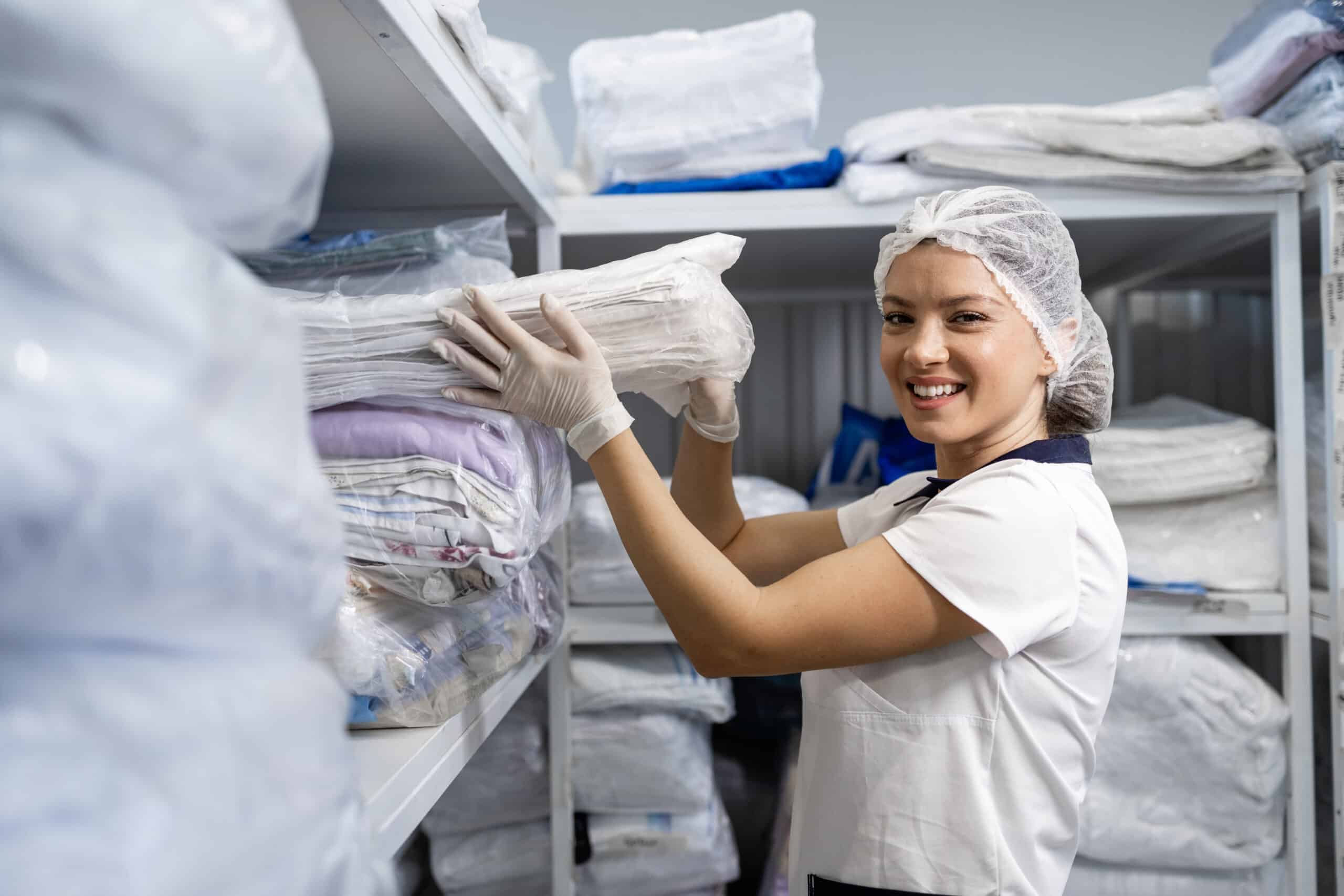 Female laundry worker stacking shelves with clean clothes and linen in storage room.